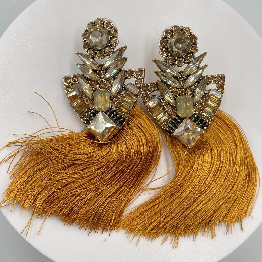 VTG Boho Gold Tone Rhinestone Statement Tassel Earrings Antique Chandelier Drop